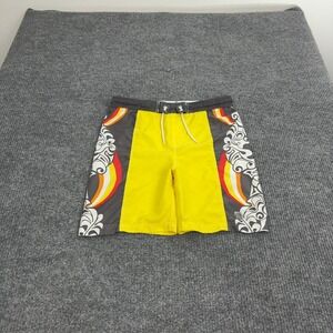 Ocean Pacific Board Shorts Boys 14 Yellow Polyester Graphic Tribal Surf Style‎